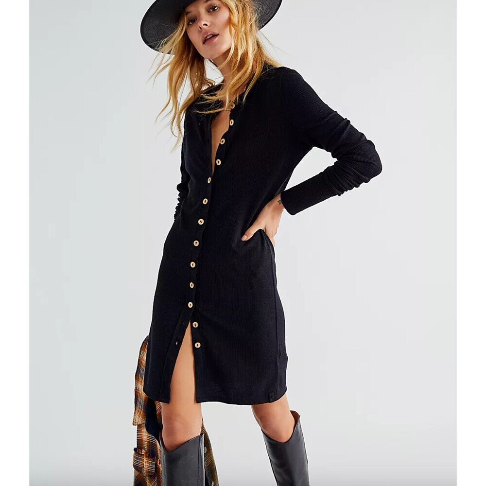 Free People NWT Gia Cardi Dress in Black Size XS Ribbed Button Up Mini